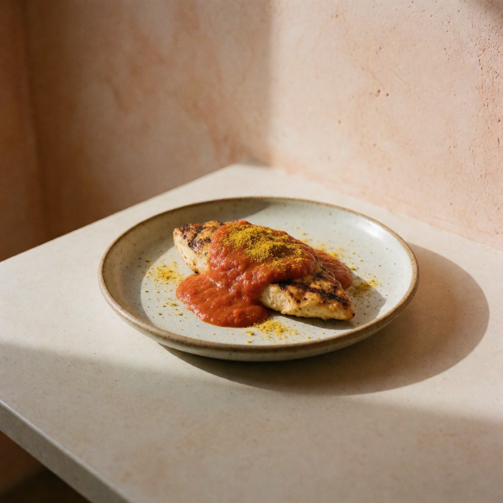 Une assiette en céramique terracotta contenant un repas sain à base de poulet, de sauce et de curcuma sur une table.