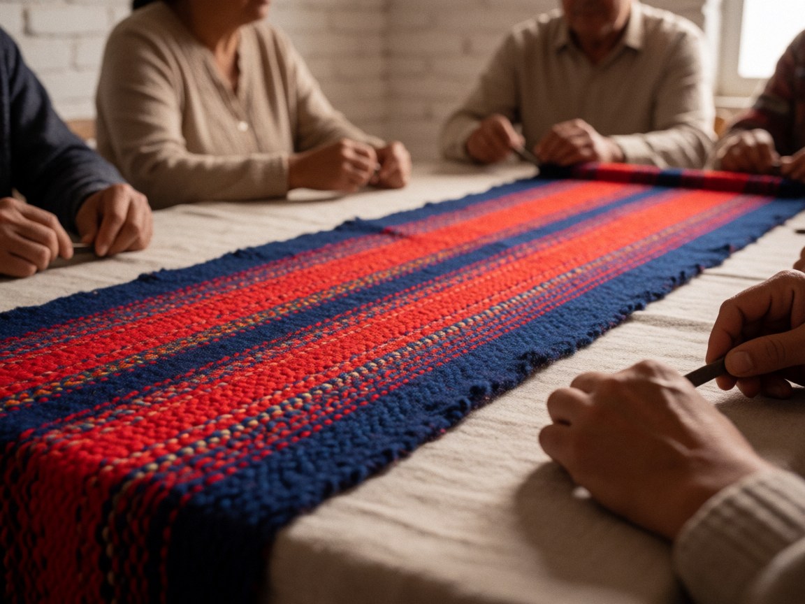 Gros plan sur une texture tissée aux couleurs rouge et bleu, évoquant un artisanat traditionnel andin avec des fils visibles.