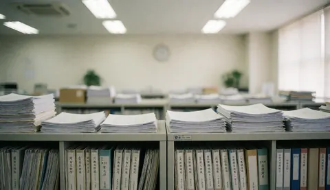 Vue rapprochée d'armoires à dossiers et de papiers sur un bureau, avec un arrière-plan flou adapté aux textes et à la communication professionnelle.