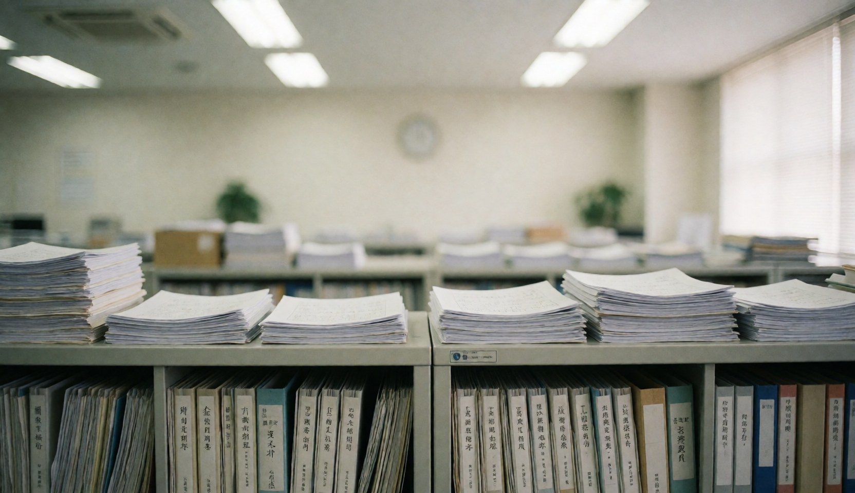 Vue rapprochée d'armoires à dossiers et de papiers sur un bureau, avec un arrière-plan flou adapté aux textes et à la communication professionnelle.