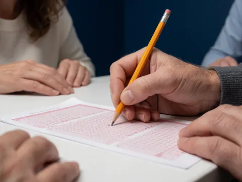 Une main tenant un crayon remplit les cases d'une feuille de réponses à choix multiples sur un bureau.