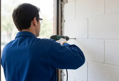 Un technicien en uniforme bleu et gants utilise une perceuse pour fixer un climatiseur sur un mur de blocs blancs, avec lumière naturelle.