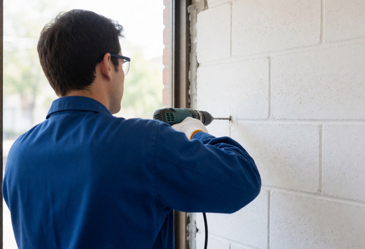 Un technicien en uniforme bleu et gants utilise une perceuse pour fixer un climatiseur sur un mur de blocs blancs, avec lumière naturelle.