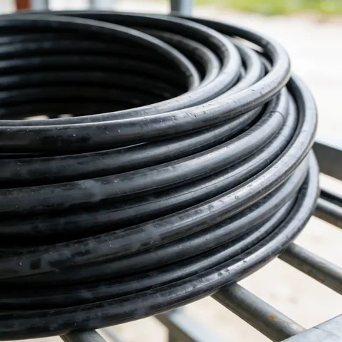 Un tuyau d'irrigation noir en spirale posé sur un support métallique contre un mur gris extérieur, mettant en valeur sa texture et sa flexibilité pour l'agriculture.