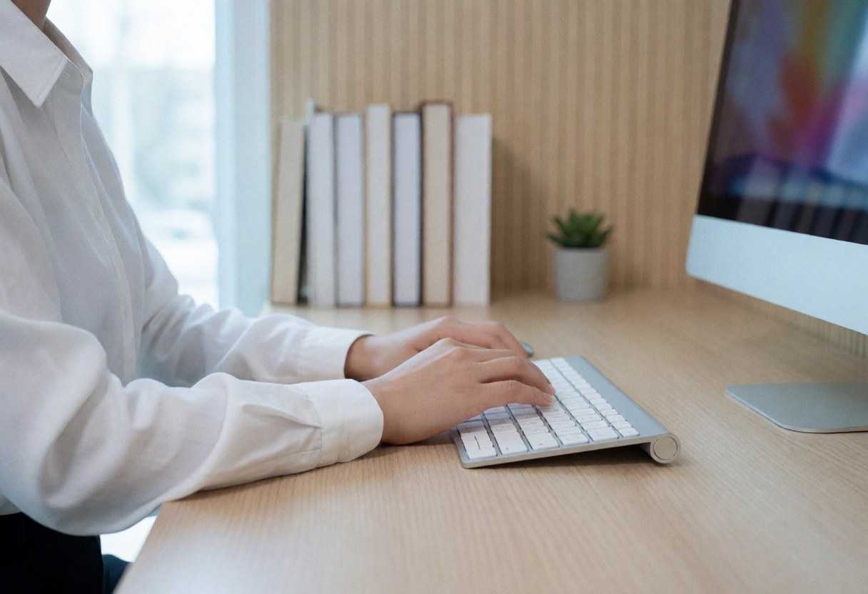 Professionnel tapant au clavier sur un bureau en bois avec livres et plante, dans un environnement de bureau moderne et concentré.