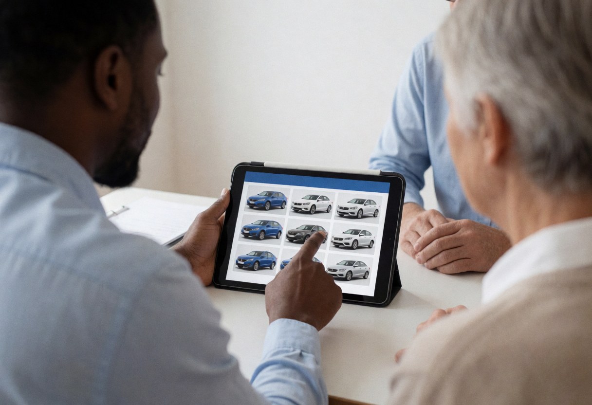 Un agent de voyage montre à un client des choix de véhicules sur une tablette dans un bureau lumineux avec un bureau épuré.