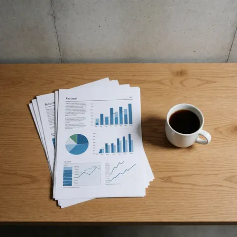 Pile de rapports financiers avec graphiques et une tasse de café noir sur une table en bois clair, idéale pour les affaires financières et bancaires.