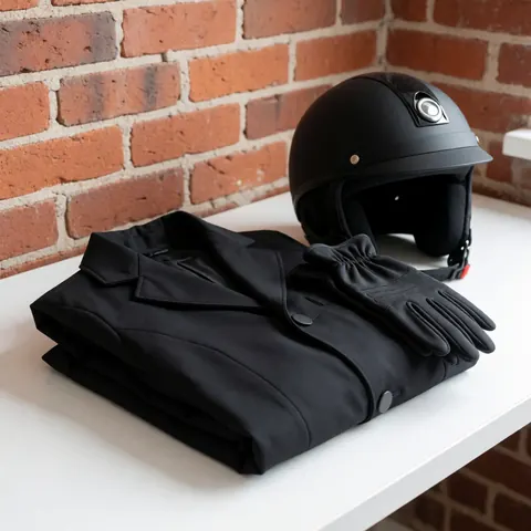 Ensemble d'équipements de sécurité pour motocycliste comprenant un casque, des gants et une veste de protection.
