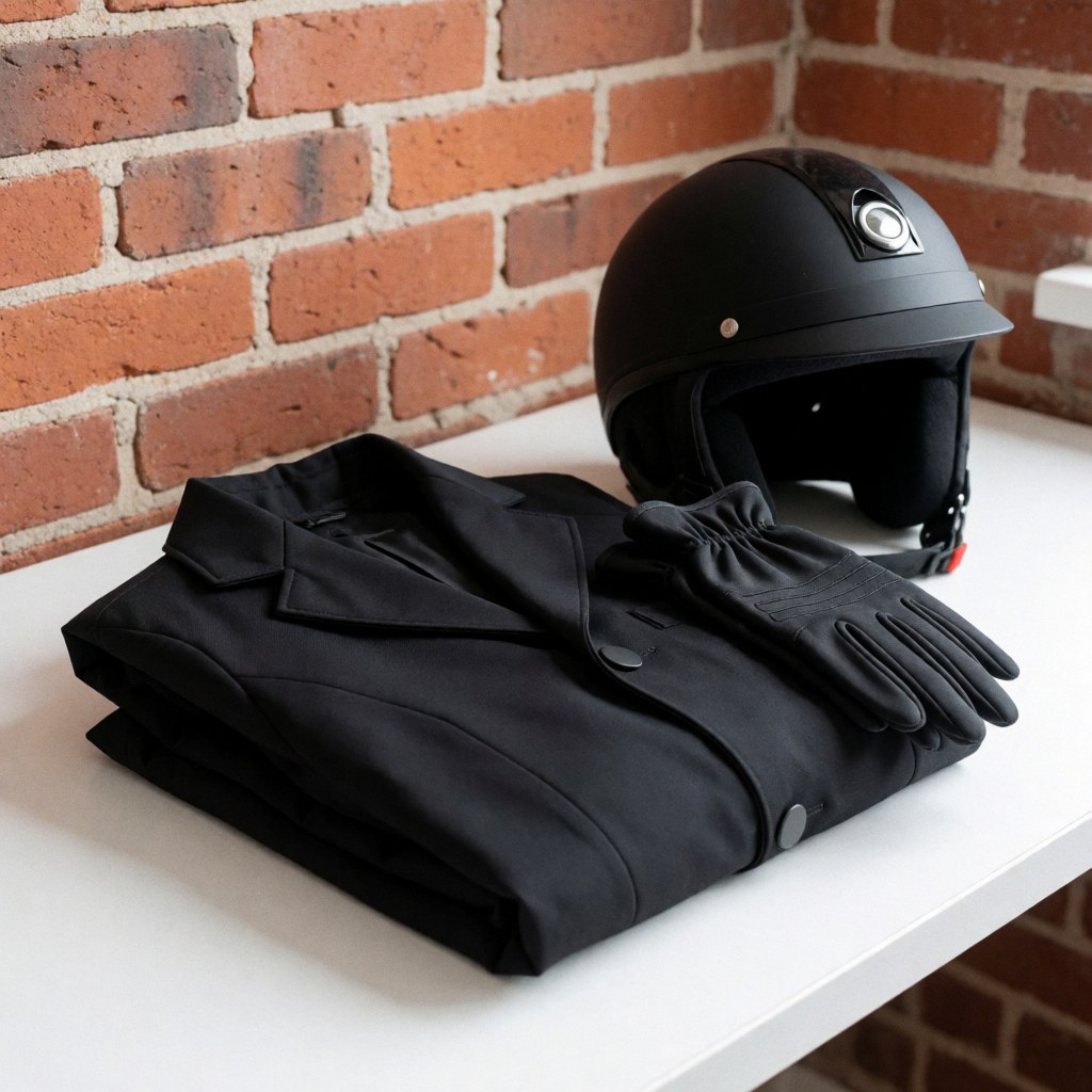 Ensemble d'équipements de sécurité pour motocycliste comprenant un casque, des gants et une veste de protection.