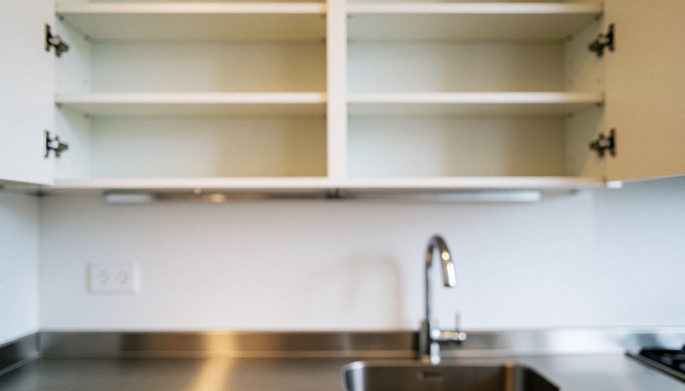 Arrière-plan de cuisine moderne avec robinetterie en acier inoxydable installée sur un meuble blanc propre et lumineux.