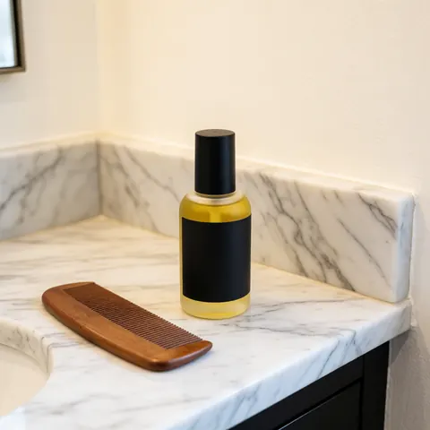 Bouteille d'huile pour barbe et peigne en bois posés sur un comptoir en marbre blanc veiné de gris, éclairé par la lumière naturelle.