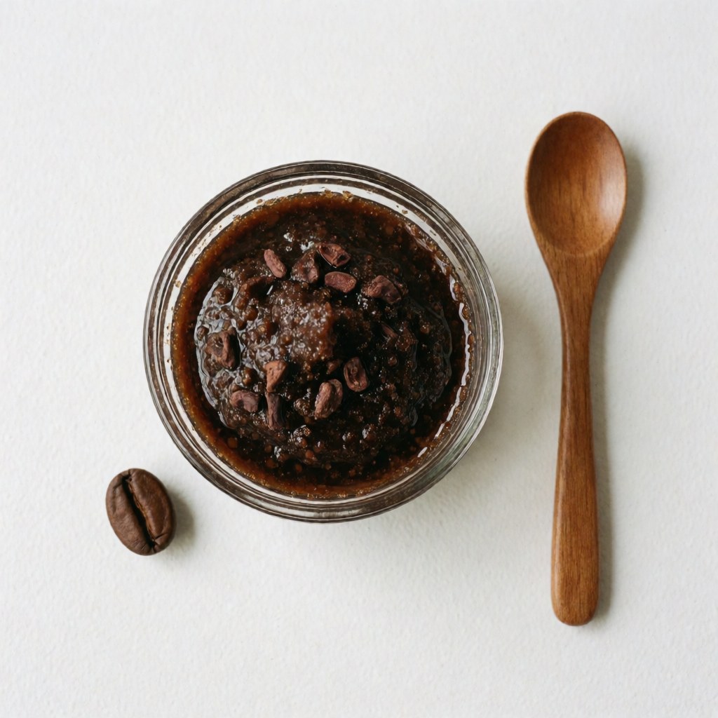 Bol en verre contenant un exfoliant naturel au chocolat et au café, accompagné d'une cuillère en bois et d'un grain de café sur fond blanc.