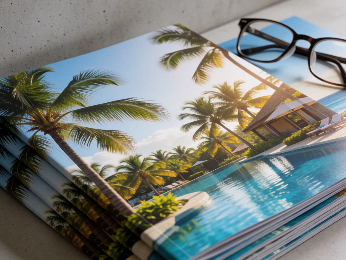 Pile de brochures promotionnelles illustrant des paysages de plage et de piscine avec des palmiers, accompagnées de lunettes de soleil posées dessus sur un bureau.