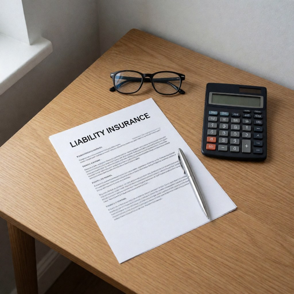 Vue de dessus de documents d'assurance clairs posés sur une table en bois avec calculatrice, stylo et lunettes pour évaluation des risques.