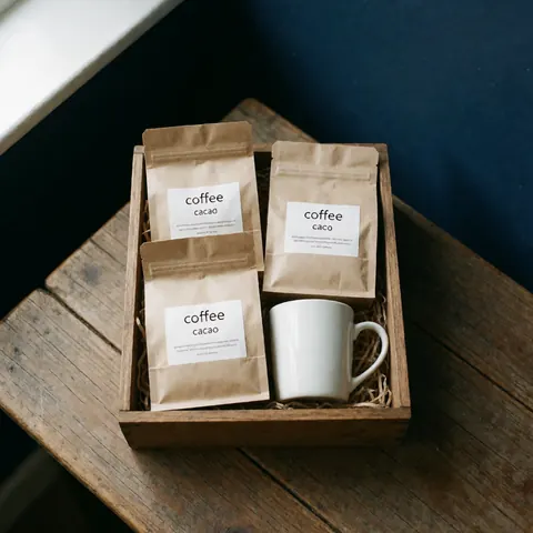 Boîte en bois contenant trois sacs de café et cacao posés sur une table rustique, accompagnée d'une tasse blanche, devant un mur bleu marine éclairé par la lumière naturelle.