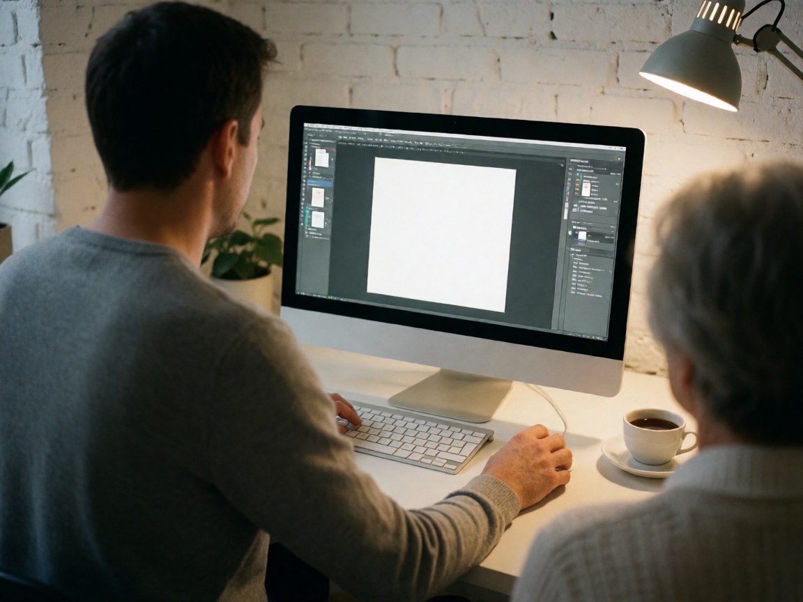 Un designer travaille à son bureau avec un clavier, une souris, une tasse de café et un mur en briques blanches.
