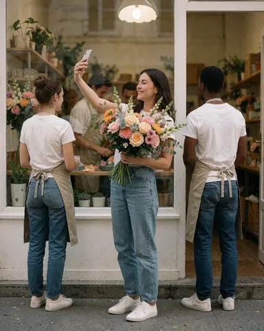 Une cliente heureuse prend un selfie avec son bouquet de fleurs dans une floristerie moderne et colorée, tandis que le personnel travaille en arrière-plan.
