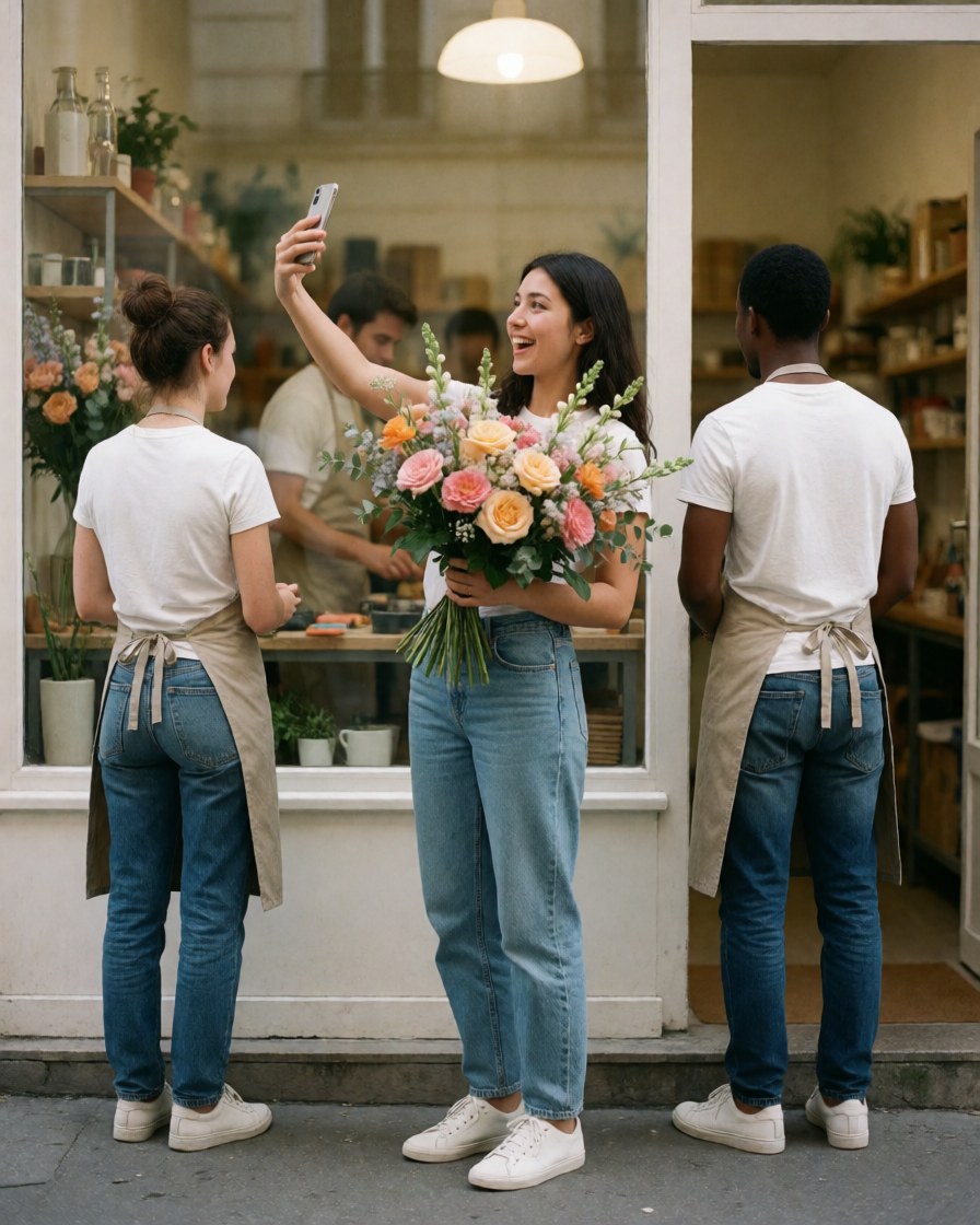 Une cliente heureuse prend un selfie avec son bouquet de fleurs dans une floristerie moderne et colorée, tandis que le personnel travaille en arrière-plan.