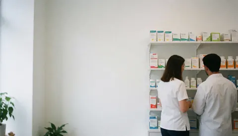 Arrière-plan épuré d'une pharmacie moderne comprenant des étagères, des bouteilles, des boîtes, un mur blanc, des plantes vertes et un personnel en uniforme blanc.