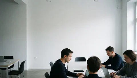 Quatre personnes utilisent des ordinateurs portables à une table blanche dans un espace lumineux aux murs blancs, évoquant un environnement de coworking moderne et professionnel.