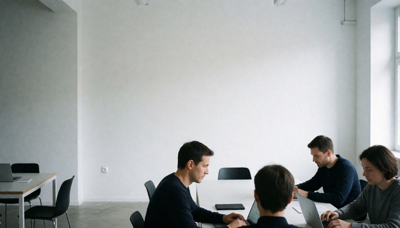 Quatre personnes utilisent des ordinateurs portables à une table blanche dans un espace lumineux aux murs blancs, évoquant un environnement de coworking moderne et professionnel.