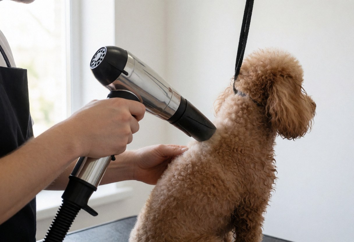 Un groomer utilise un sèche-cheveux pour assécher les poils bouclés d'un caniche posé sur une table de toilettage munie d'un harnais, dans un espace lumineux à fond blanc.