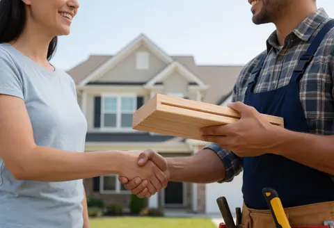 Un menuisier souriant tend un meuble en bois à une cliente devant sa maison, tous deux se serrent la main avec satisfaction.