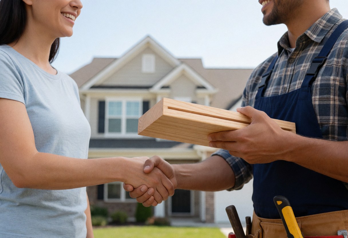 Un menuisier souriant tend un meuble en bois à une cliente devant sa maison, tous deux se serrent la main avec satisfaction.