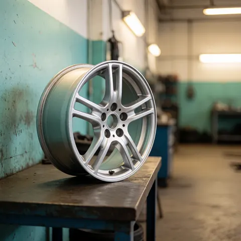 Une roue de voiture propre et brillante posée sur un établi dans un atelier de réparation automobile avec un mur turquoise en arrière-plan.