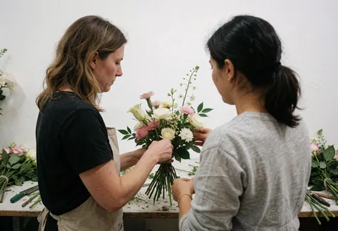 Une fleuriste et une cliente assemblent un bouquet dans un atelier lumineux, entourées d'outils et de fleurs dans une ambiance collaborative.