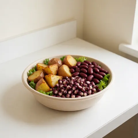 Salade saine composée de pommes de terre rôties, de haricots rouges et de maïs violet dans un bol sur un comptoir blanc éclairé par la lumière naturelle.
