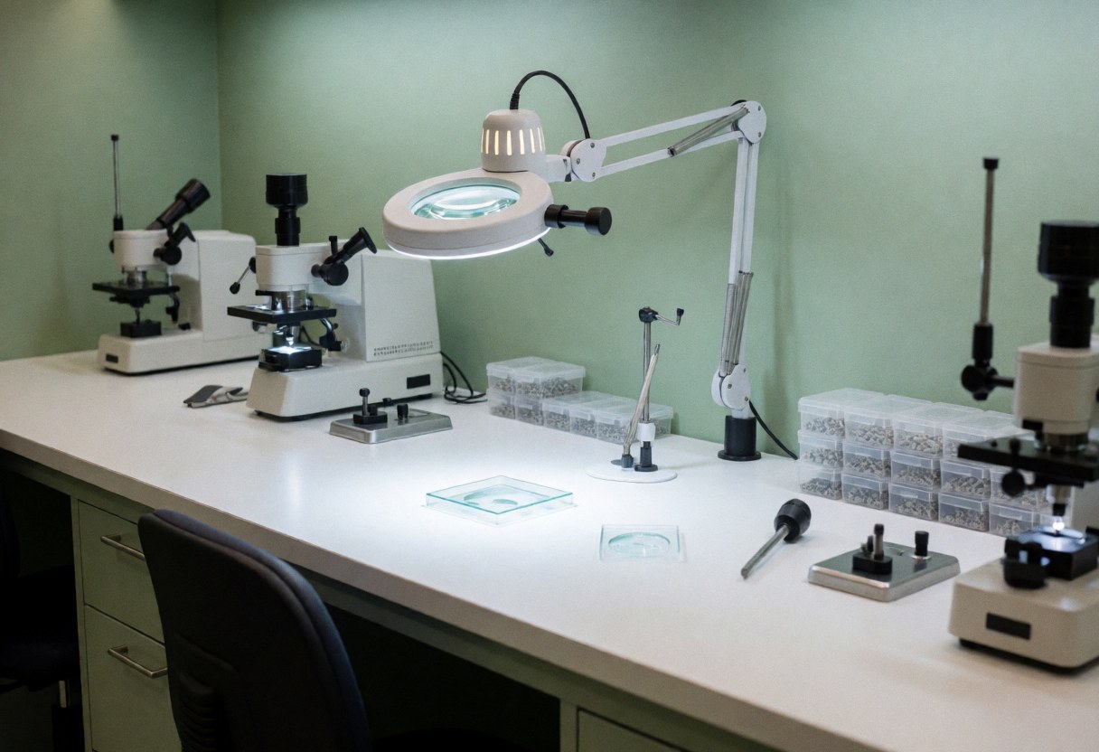 Bureau optique propre avec microscopes, loupe, outils et contenants de vis sur fond vert avec éclairage professionnel.
