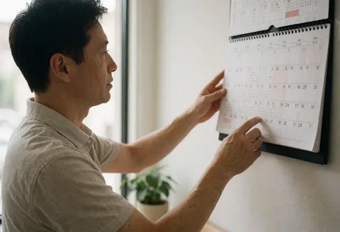 Un agent de voyages professionnel dans son bureau pointe des dates sur un calendrier mural, baigné de lumière naturelle, dans un cadre de planification.