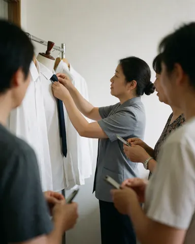 Une coordinatrice ajuste une cravate sur un mannequin tandis que trois personnes observent la scène dans un environnement professionnel éclairé par la lumière naturelle.