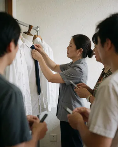 Une coordinatrice ajuste une cravate sur un mannequin tandis que trois personnes observent la scène dans un environnement professionnel éclairé par la lumière naturelle.