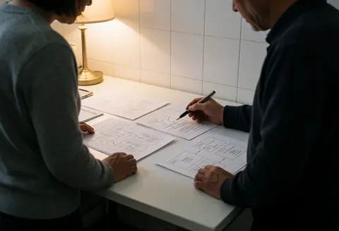 Deux professionnels analysent des wireframes sur une table blanche dans un environnement lumineux et collaboratif.