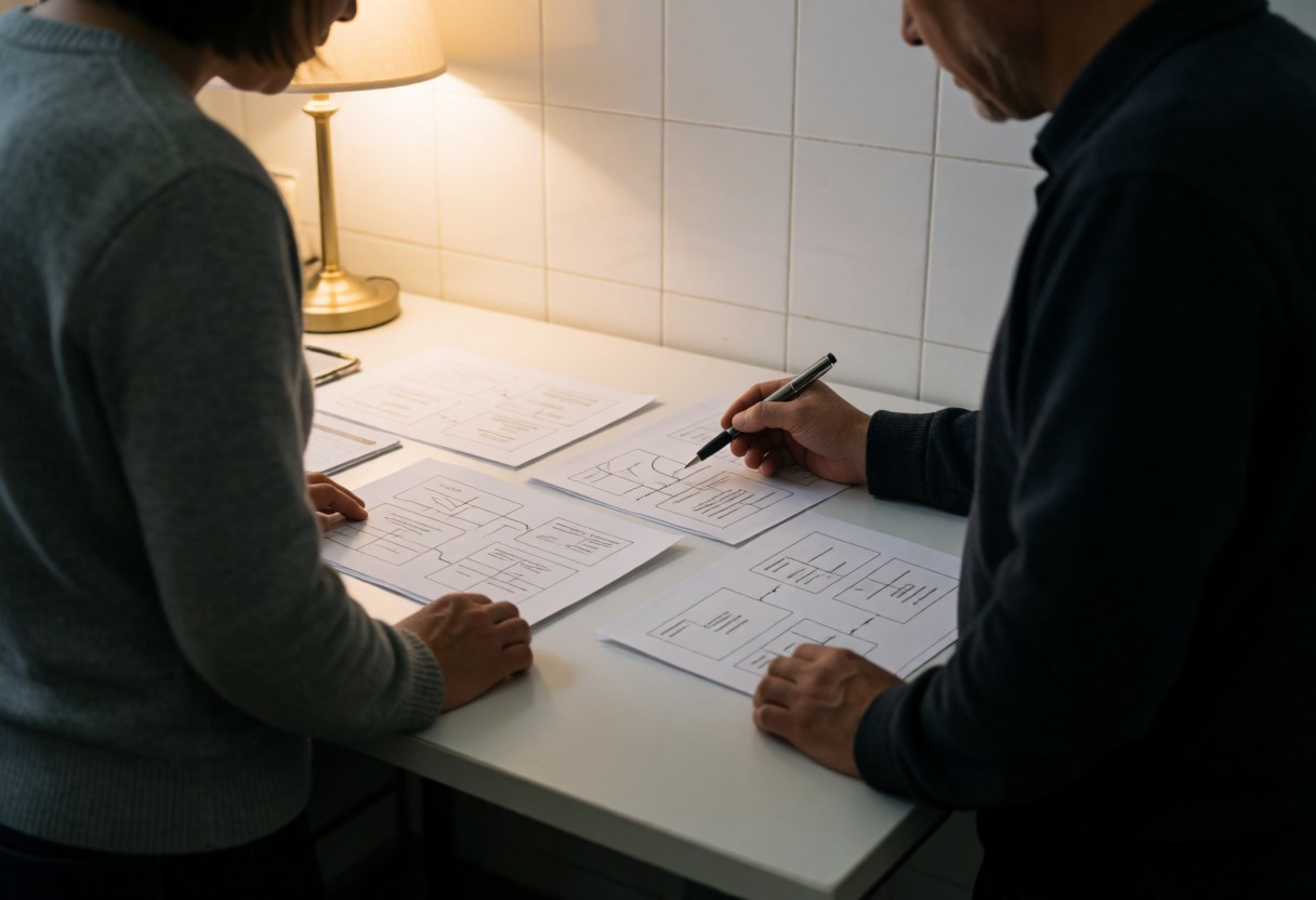 Deux professionnels analysent des wireframes sur une table blanche dans un environnement lumineux et collaboratif.