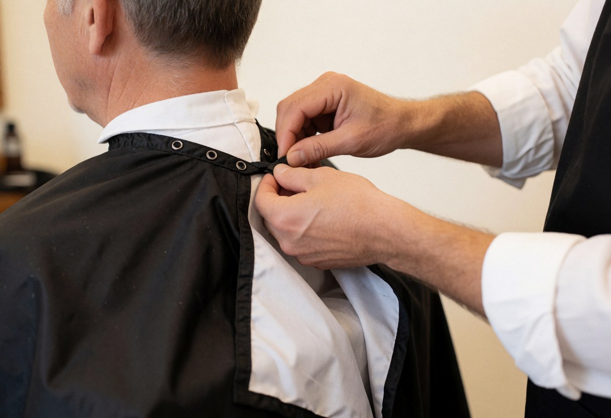 Un barbier ajuste soigneusement la cape protectrice autour du cou d'une cliente dans un salon de coiffure masculin.