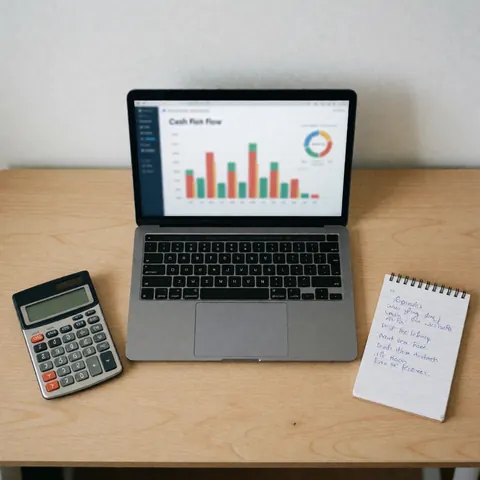 Un ordinateur portable affiche un graphique financier sur son écran, accompagné d'une calculatrice et d'un carnet de notes posés sur un bureau en bois clair.