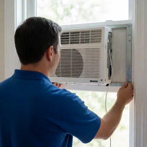 Un technicien ajuste un climatiseur blanc installé dans une fenêtre, révélant les détails métalliques sous la lumière naturelle.