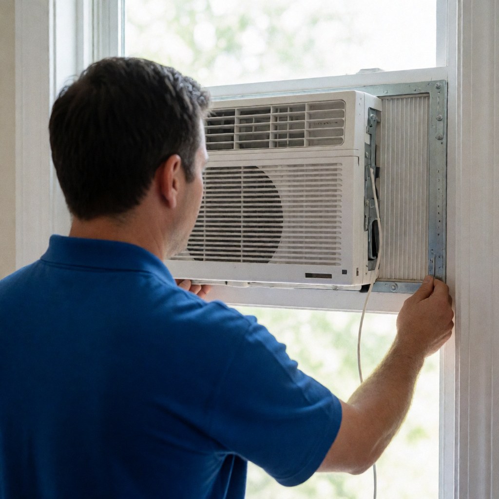 Un technicien ajuste un climatiseur blanc installé dans une fenêtre, révélant les détails métalliques sous la lumière naturelle.
