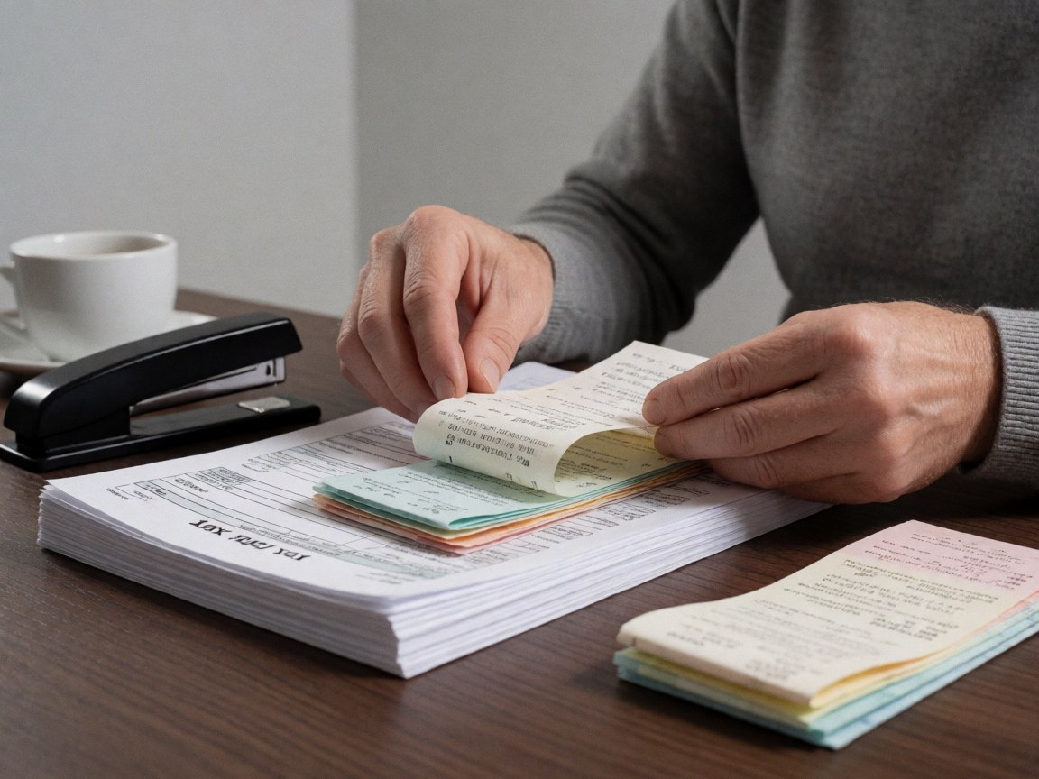 Mains vérifiant des reçus et formulaires fiscaux sur un bureau en bois avec une tasse et unagrafeuse, évoquant un travail comptable précis et organisé.