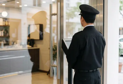 Un agent de sécurité en uniforme observe la rue depuis son poste d'entrée, avec un reflet visible sur la vitre.