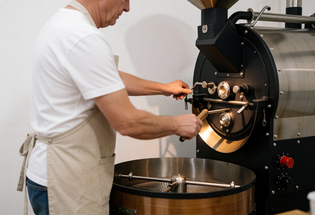 Un opérateur surveille la machine de torréfaction lors du traitement des grains de café dans une usine.