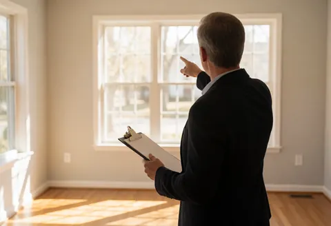 Agent immobilier de dos tenant un classeur et pointant une fenêtre dans une pièce vide aux murs gris et au sol en bois, éclairée par la lumière du coucher de soleil.