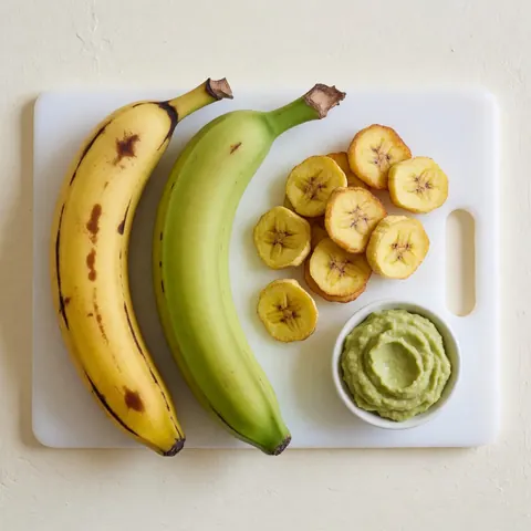 Des bananes mûres et vertes, des chips de banane frites et du beurre d'avocat sur une planche à découper éclairée par la lumière naturelle.
