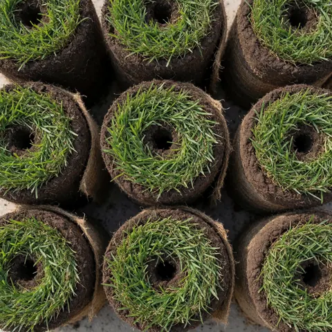 Plusieurs rouleaux de gazon vert frais sont disposés côte à côte sur une surface en béton, prêts pour l'installation paysagère.
