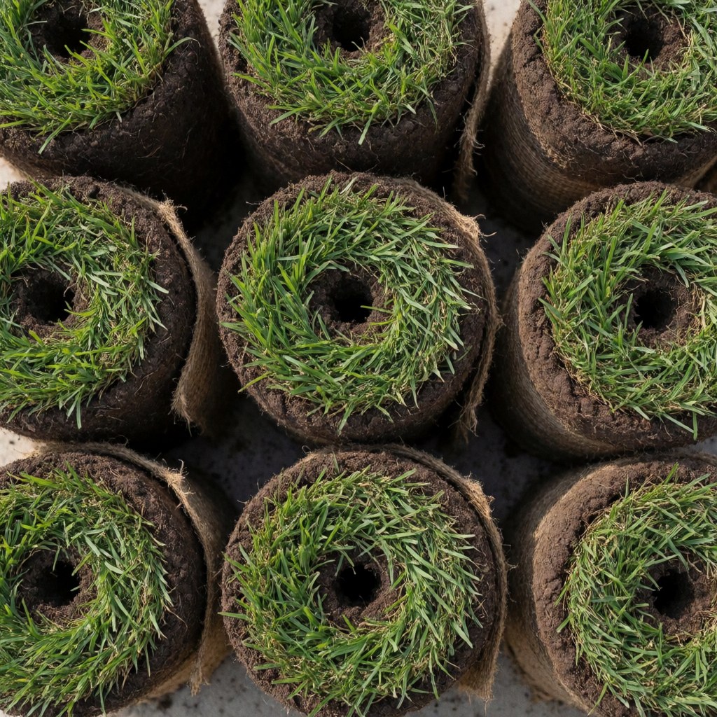 Plusieurs rouleaux de gazon vert frais sont disposés côte à côte sur une surface en béton, prêts pour l'installation paysagère.