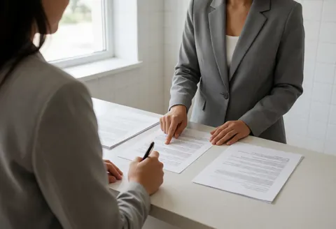 Une cliente signe des documents au bureau tandis qu'une réceptionniste l'assiste, dans un espace lumineux aux murs carrelés blancs.