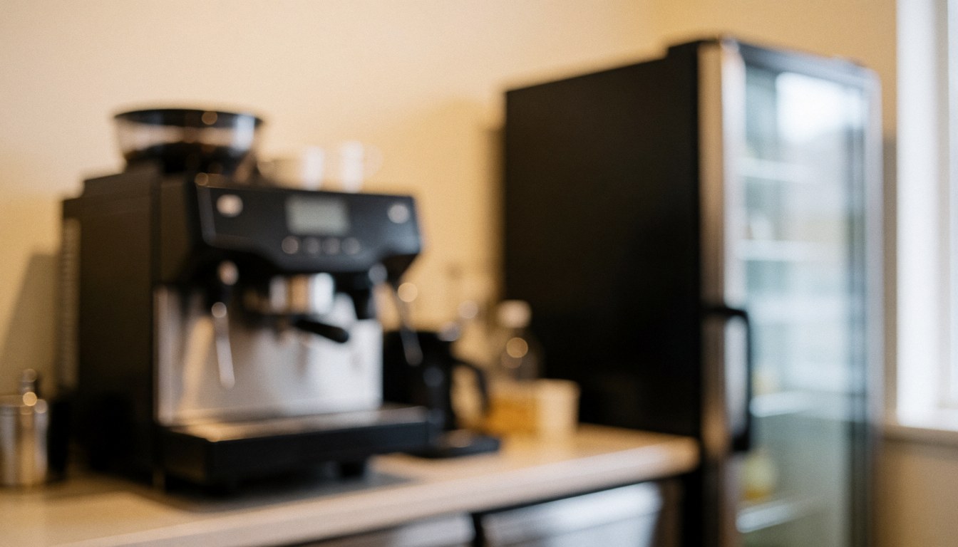 Intérieur d'une kitchenette privée éclairée par une lumière chaude, mettant en valeur une cafetière sur un plan de travail aux tons boisés et neutres.